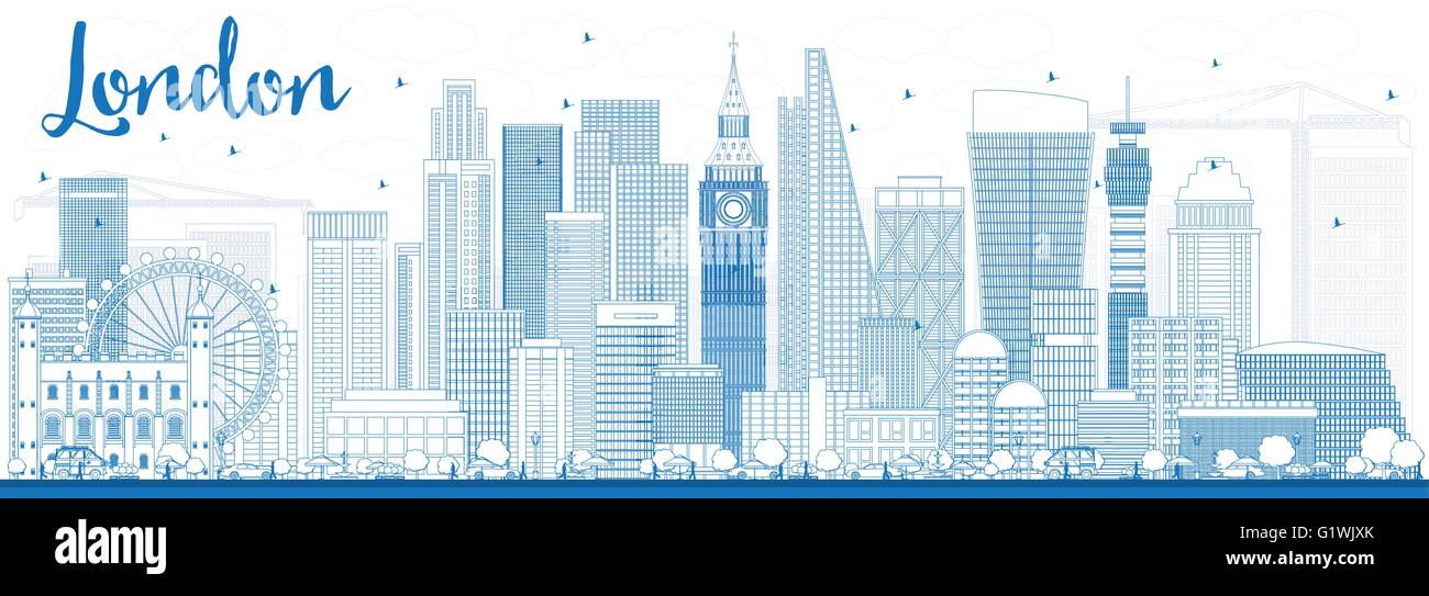 Outline London Skyline with Blue Buildings. Business Travel and Tourism Concept with Modern Buildings. Stock Vector