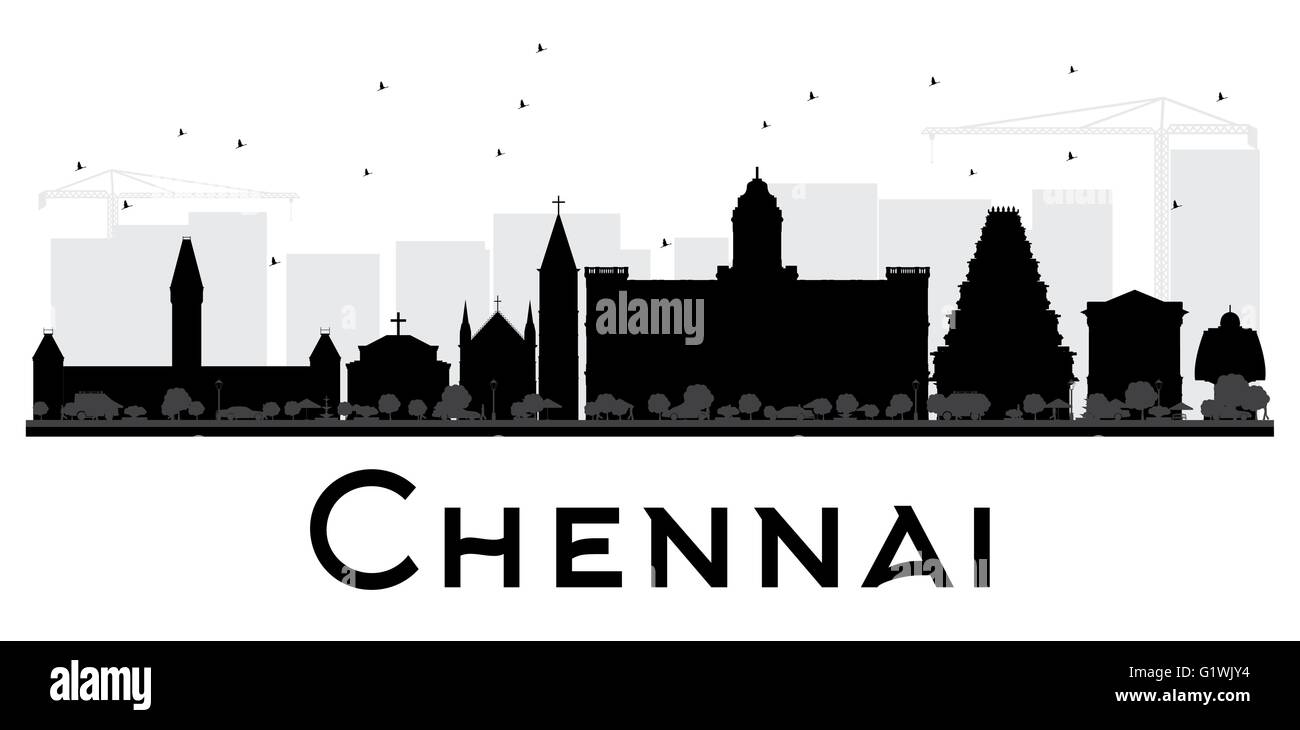 Chennai City skyline black and white silhouette. Vector illustration