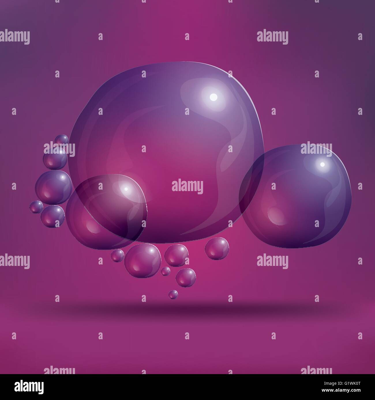 Transparent Soap Bubbles on Purple Background. Vector Illustration. Water Bubbles on Blur Background with Shadow Stock Vector