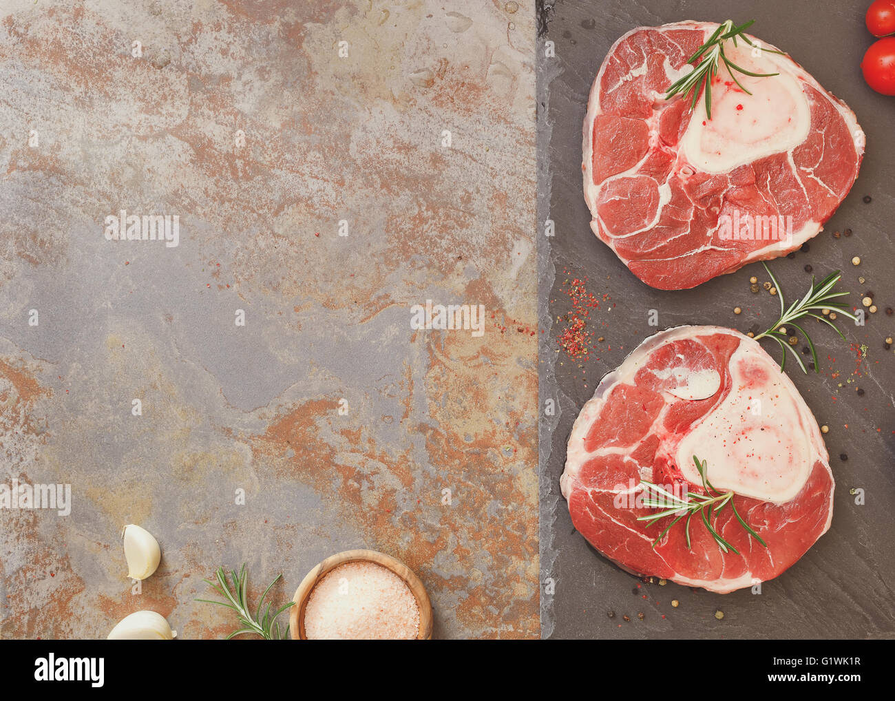 Veal shank for Osso Bucco. Raw meat with herb and ground black pepper