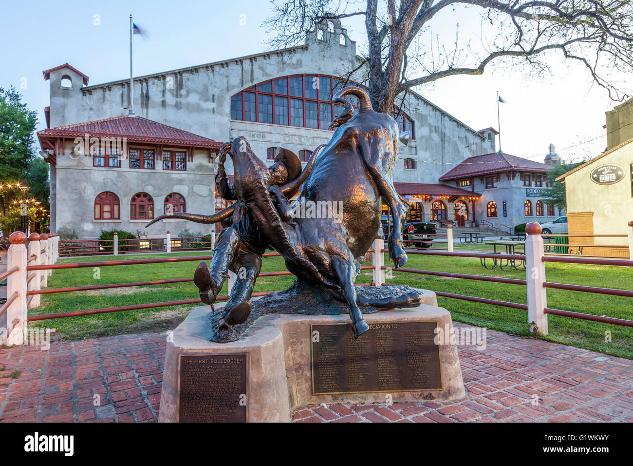 Statue of the W. M. Pickett - the first steer wrestling statue in the Fort Worth Stockyards Stock Photo