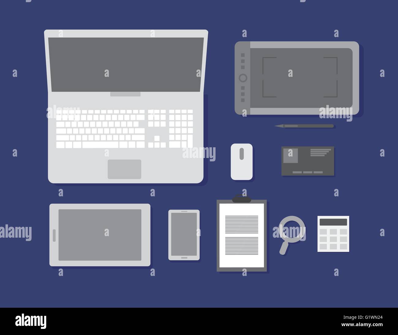Flat Style Modern Design Concept of Creative Office Workspace. Icons ...