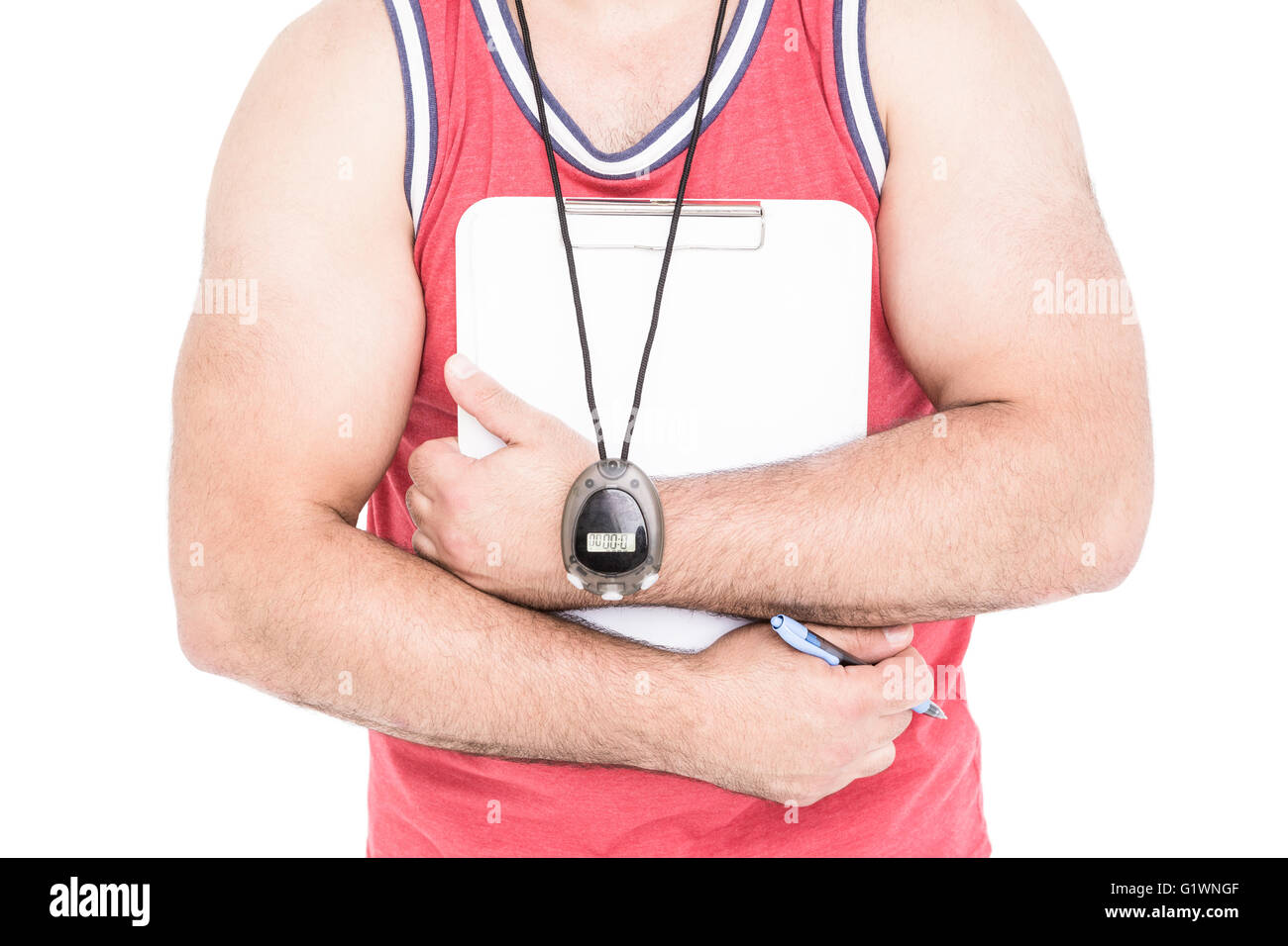 Athlete with sport timer and clipboard Stock Photo Alamy