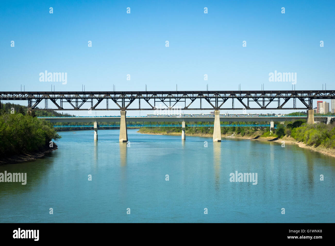 A view of the High Level Bridge and the North Saskatchewan River in Edmonton, Alberta, Canada. Stock Photo