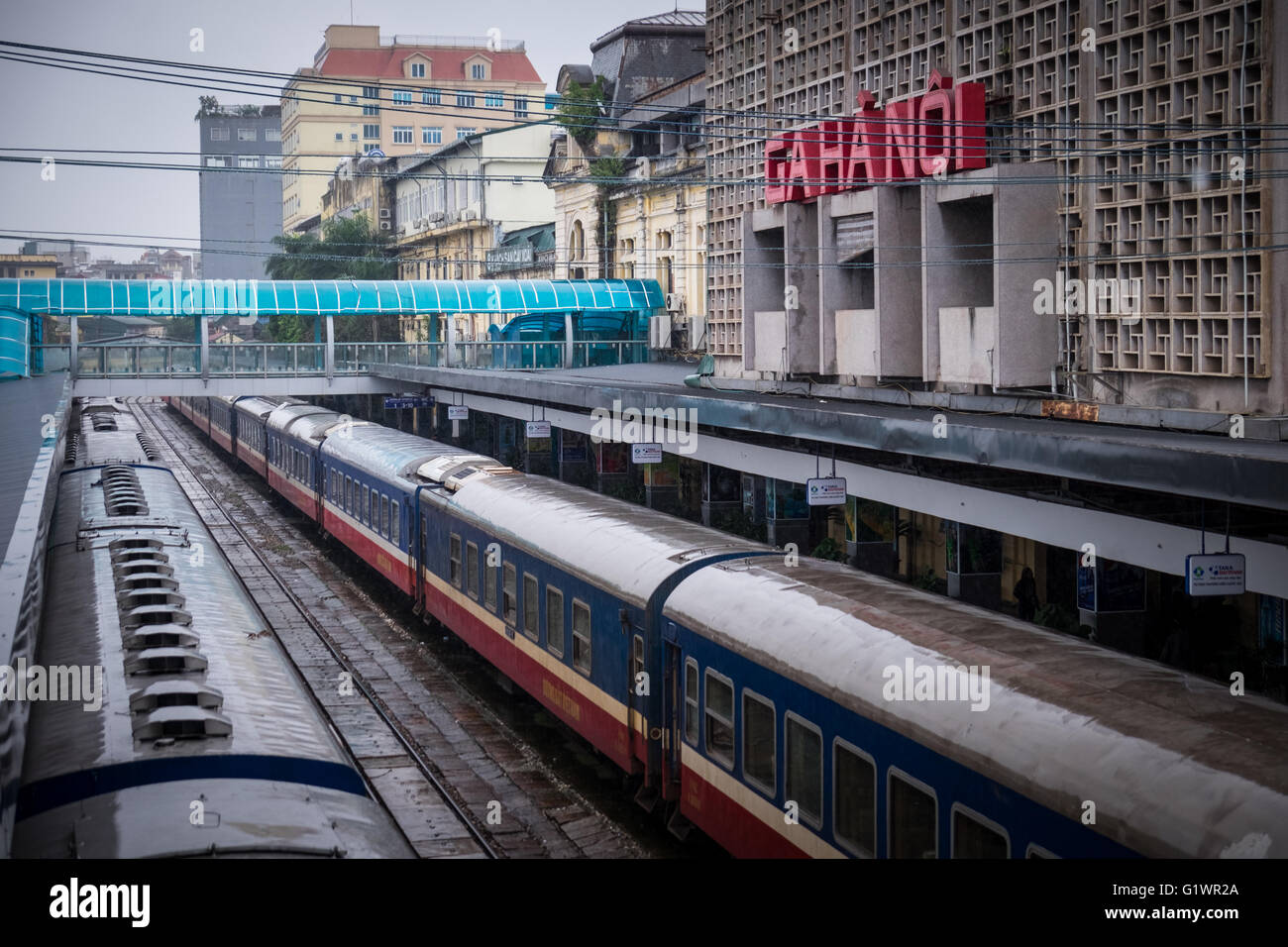 A view of trains waiting at Hanoi train station Stock Photo