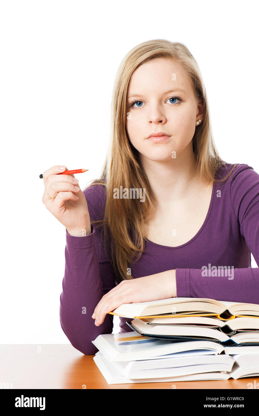 Young girl with books isolated on white Stock Photo - Alamy