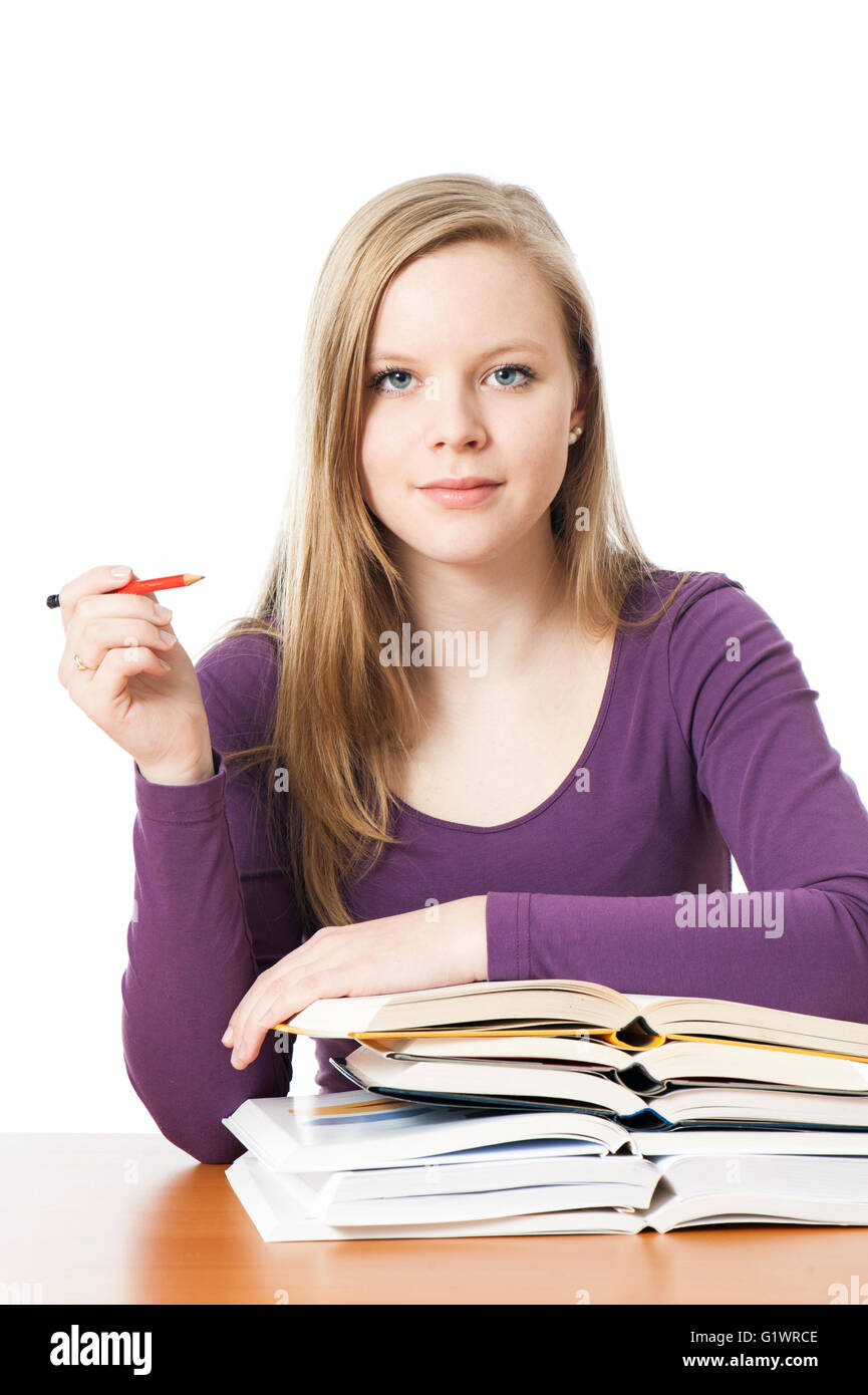 Young girl with books isolated on white Stock Photo - Alamy