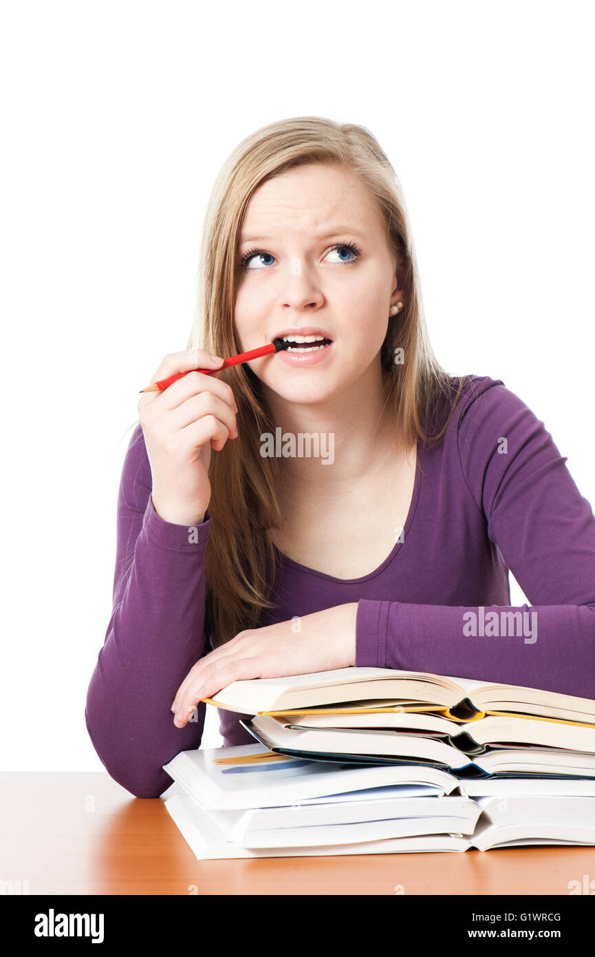 Young girl with books isolated on white Stock Photo - Alamy