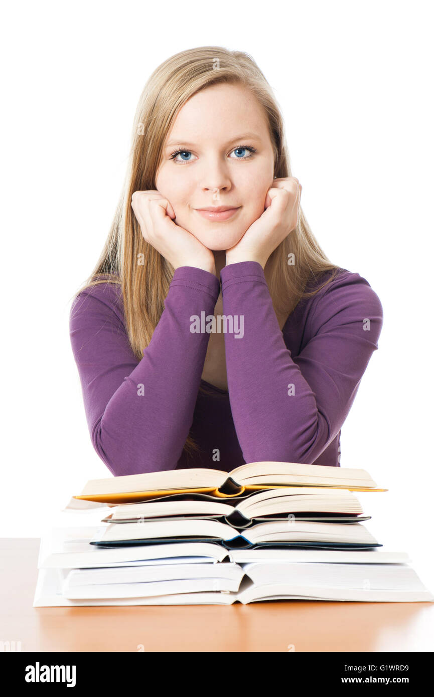 Young girl with books isolated on white Stock Photo - Alamy