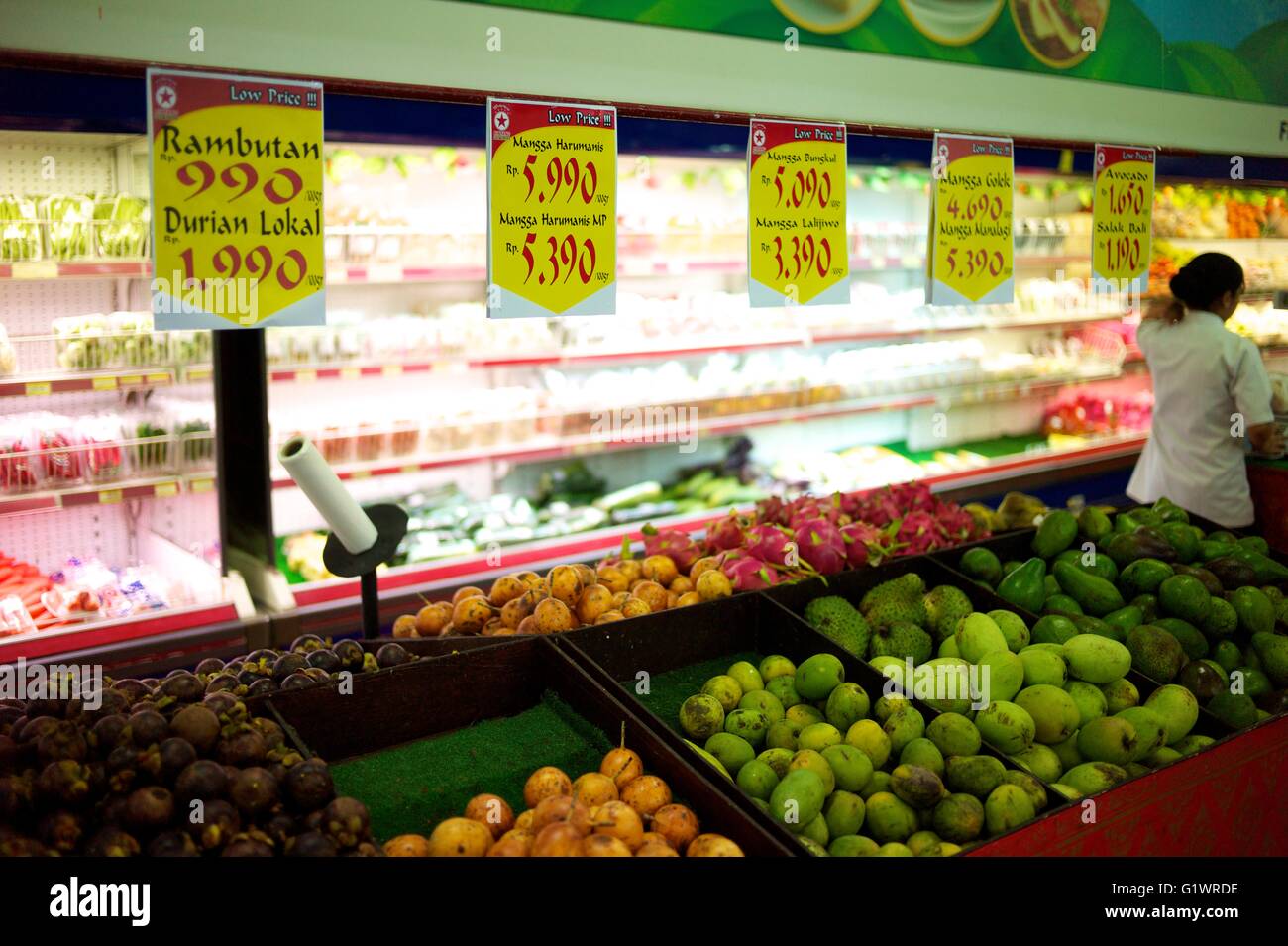 Indoor supermarket in Kuta, Bali selling fruit and vegetables to