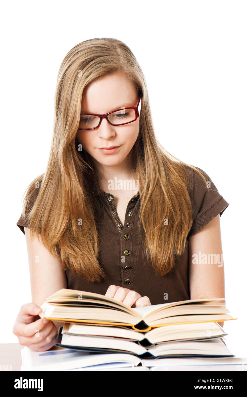 Young girl with books isolated on white Stock Photo - Alamy