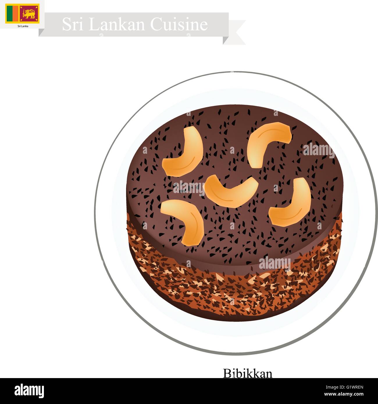 Sri Lankan Cuisine, Bibikkan or Traditional Dark Moist Cake Made of Shredded Coconut, Jaggery, Dry Fruits and Semolina. One of T Stock Vector