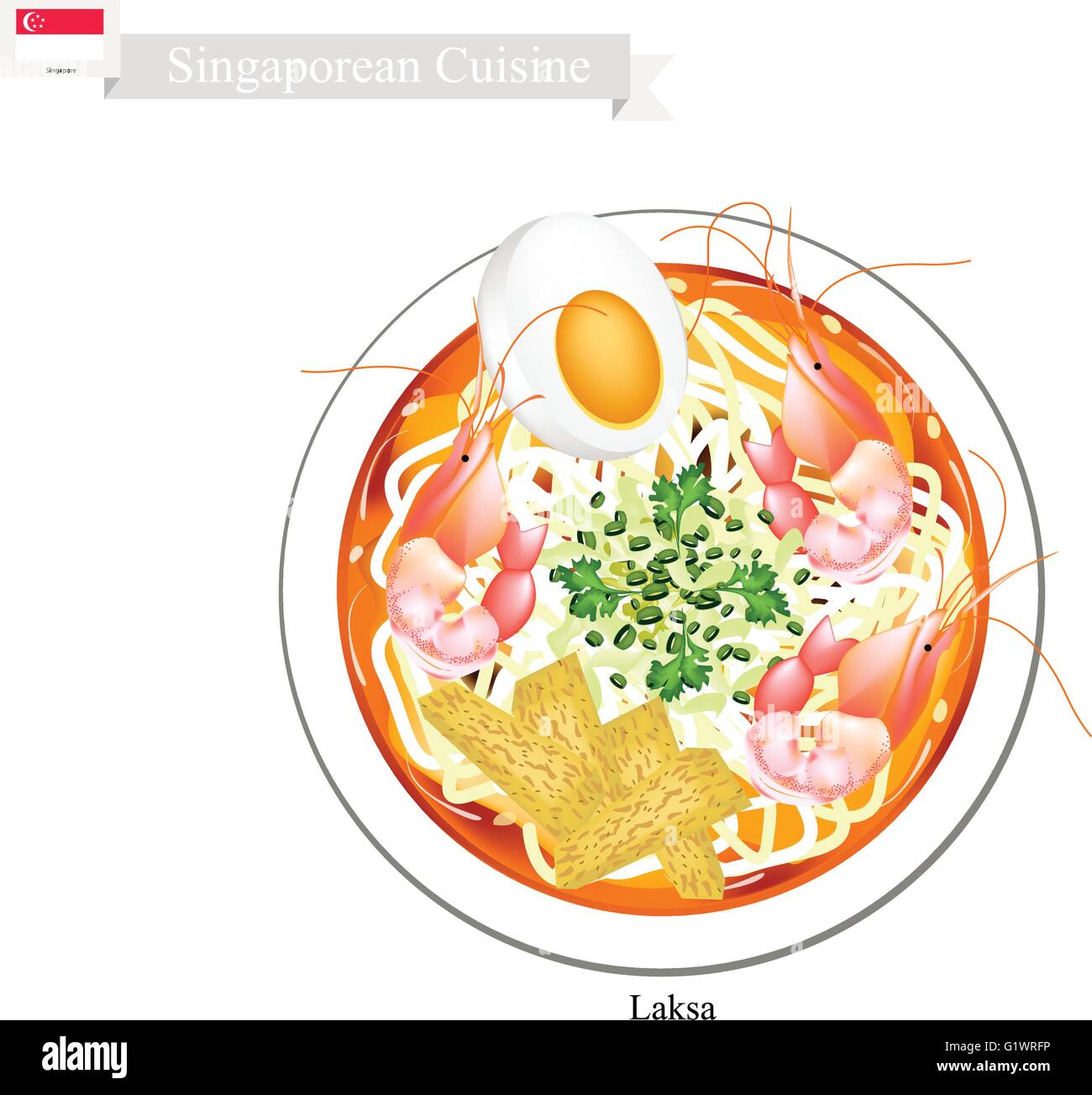Singaporean Cuisine, Laksa or Traditional Rice Noodle Served in Spicy Soup. One of The Most Popular Dish in Singapore. Stock Vector