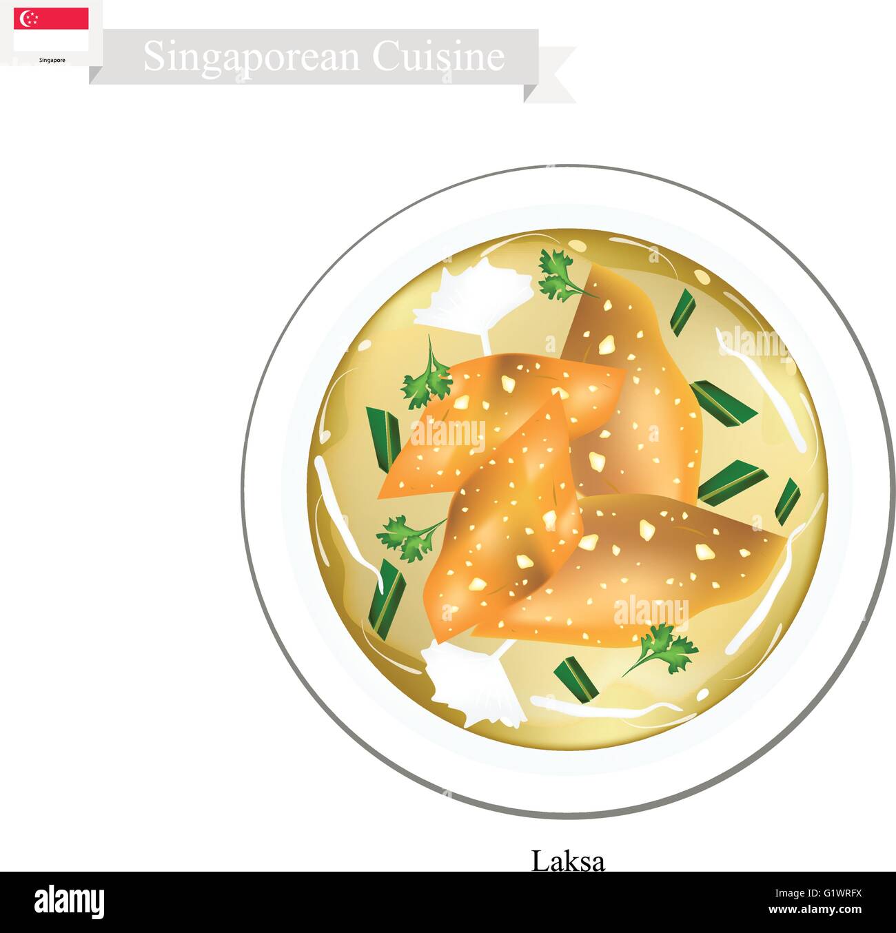 Singaporean Cuisine, Laksa or Traditional Rice Noodle and Dumpling Served in Spicy Soup. One of The Most Popular Dish in Singapo Stock Vector