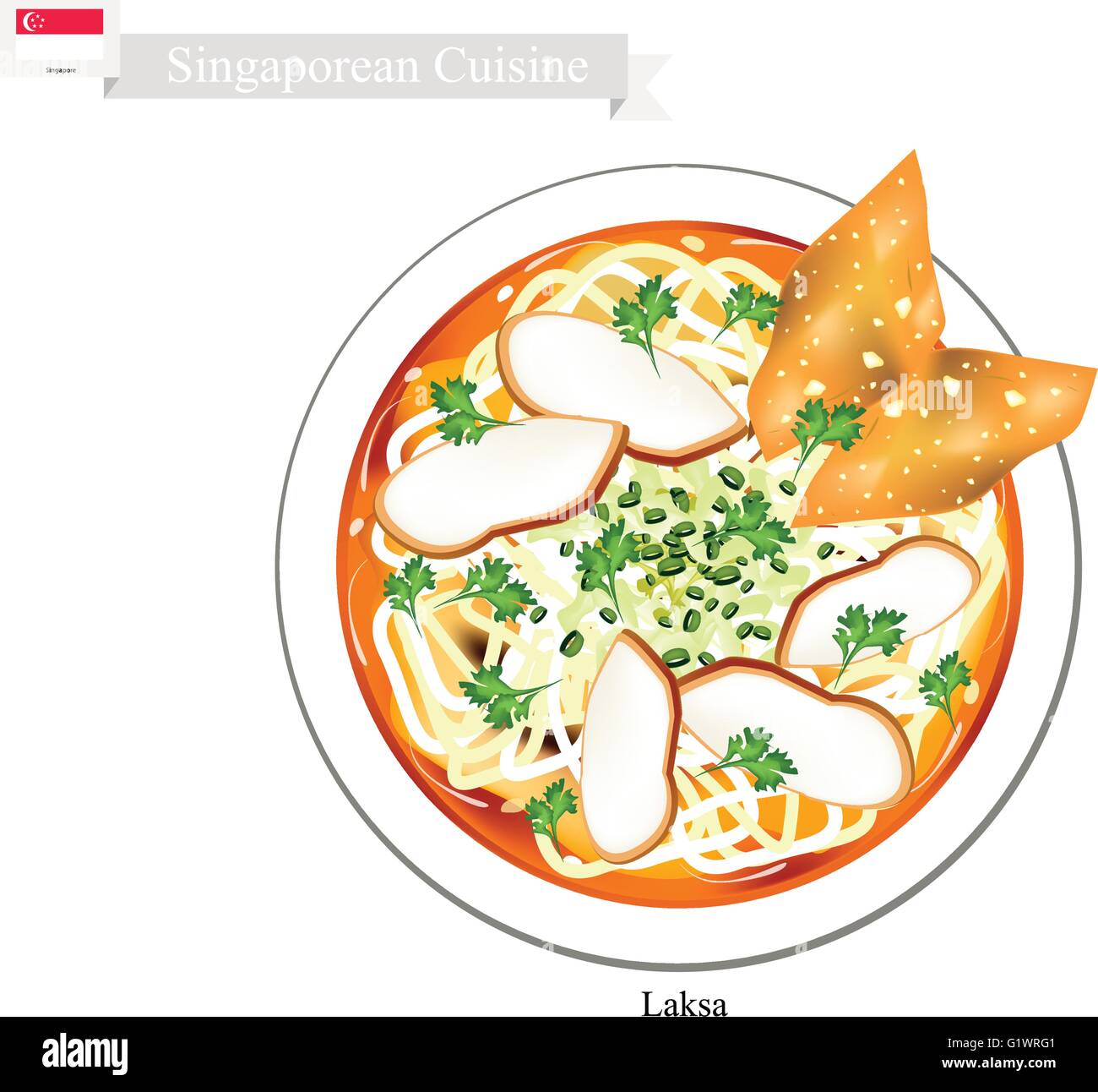 Singaporean Cuisine, Laksa or Traditional Rice Noodle with Meat Ball and Dumpling Served in Spicy Soup. One of The Most Popular Stock Vector