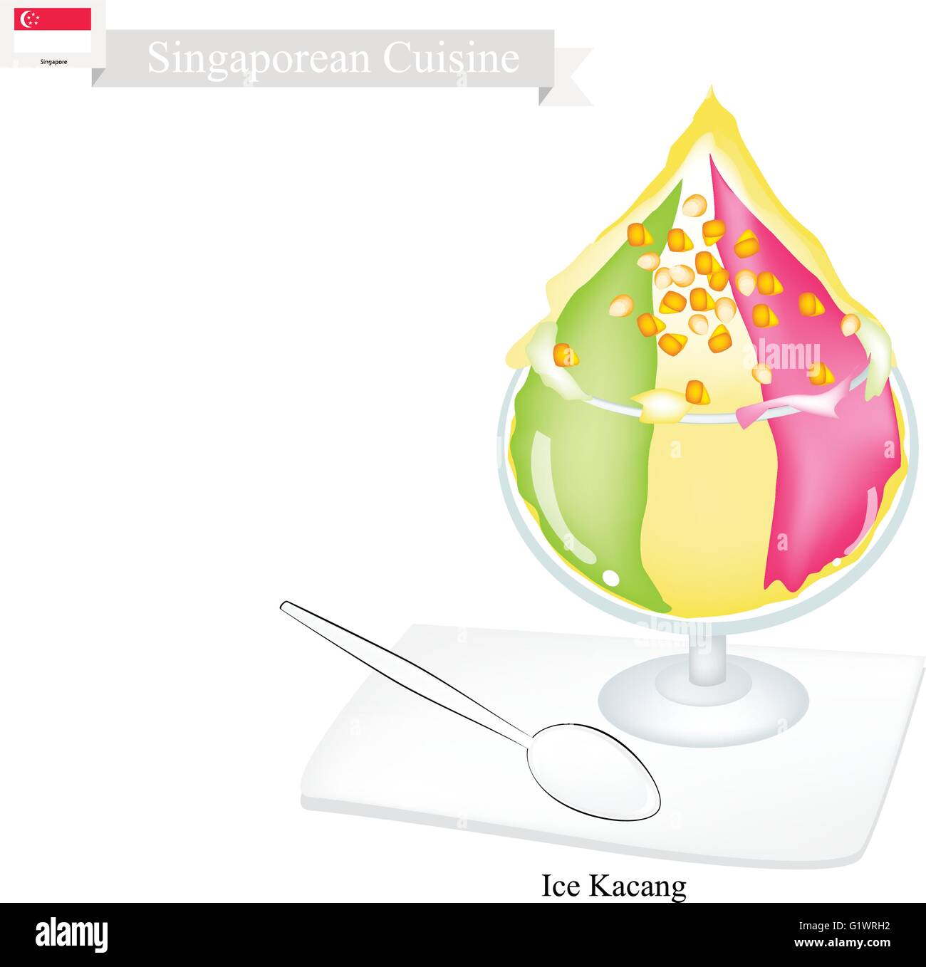 Singaporean Cuisine, Ice Kacang or Traditional Shaved Ice, Beans and Colorful Jelly. One of The Most Popular Dessert in Singapor Stock Vector