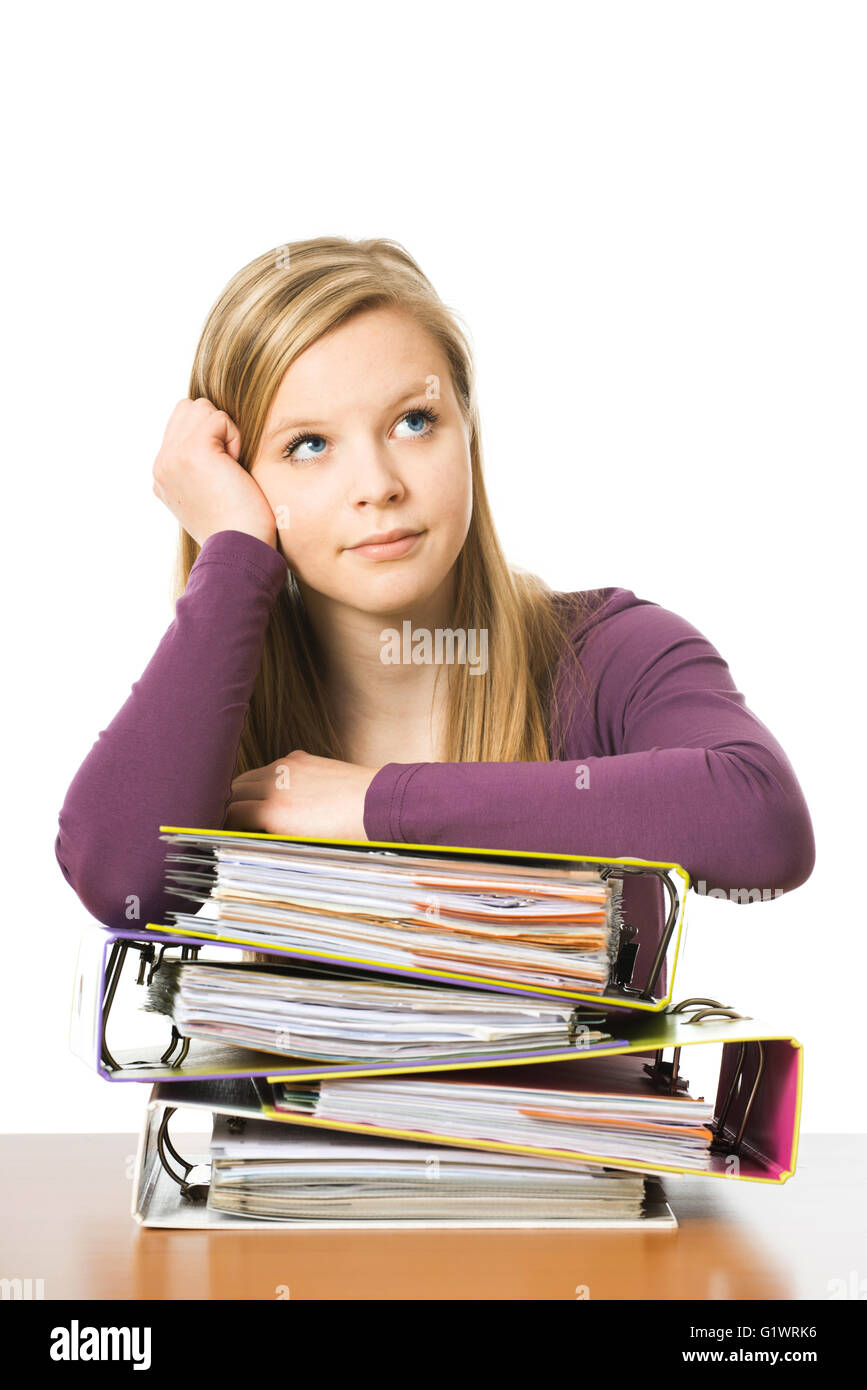 Schoolgirl with books isolated on white Stock Photo - Alamy