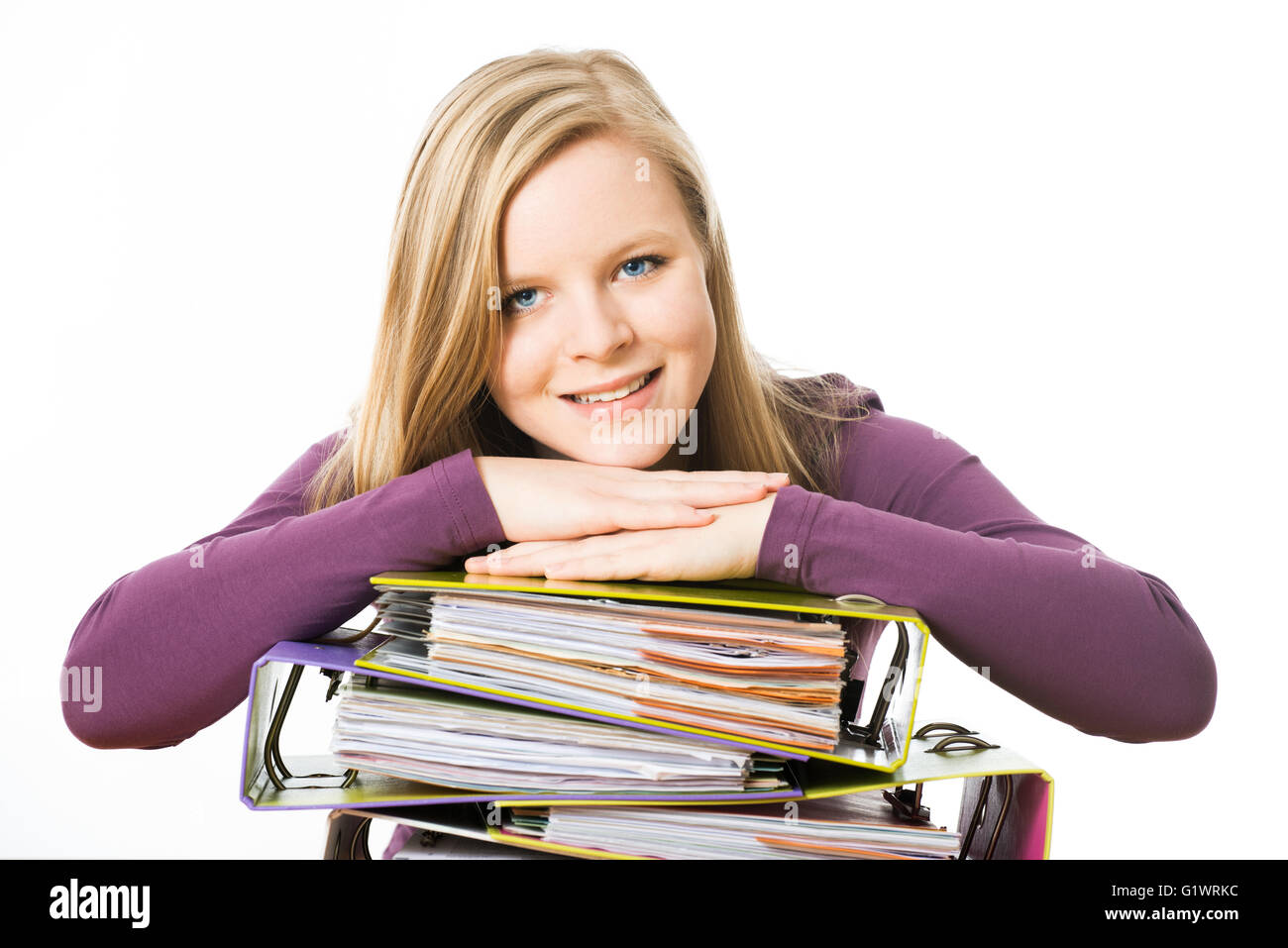 Schoolgirl with books isolated on white Stock Photo - Alamy