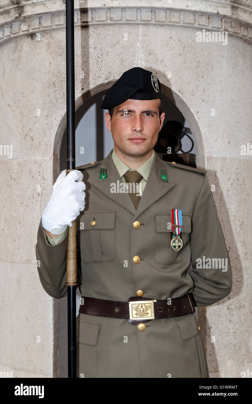 Rome, Italy - May 19, 2016: Piazza del Quirinale, a soldier guarding the entrance of the Quirinale palace. Stock Photo