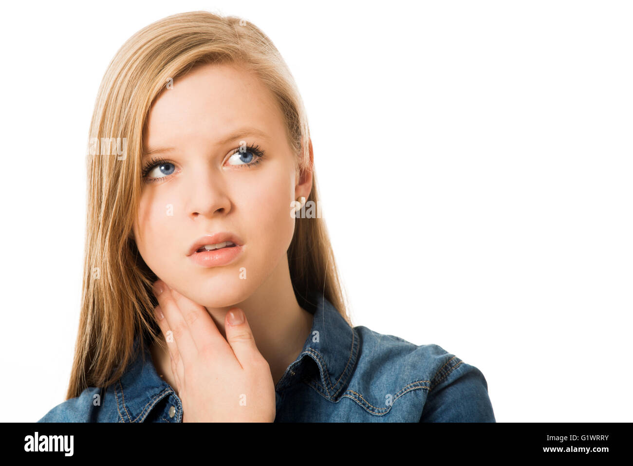 Girl has a sore throat isolated on white Stock Photo Alamy