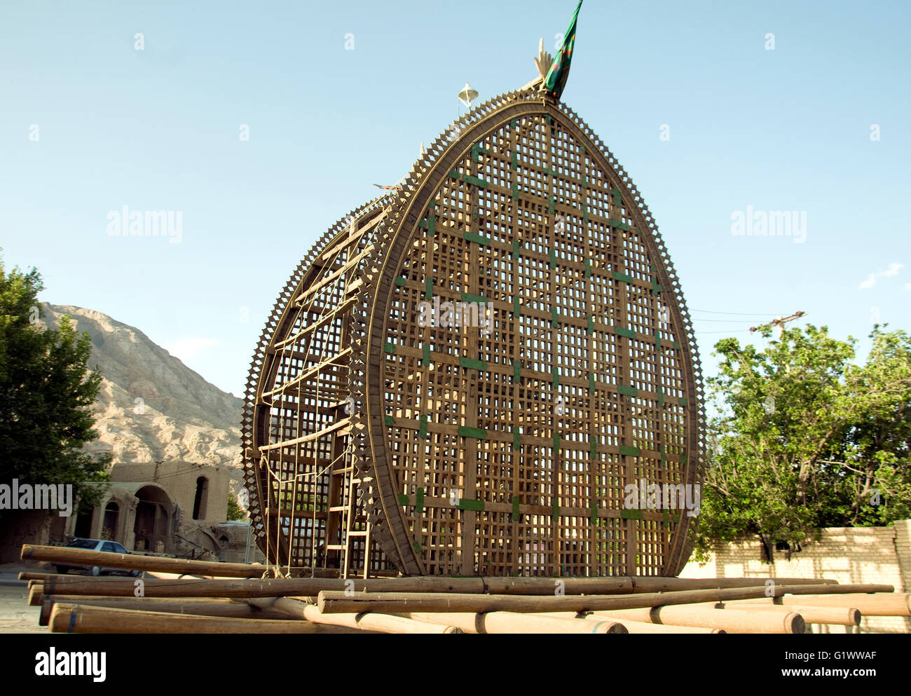 In a roadside village in central Iran large palm-shaped emblems of Shia devotion called nakhla await the next celebration Stock Photo