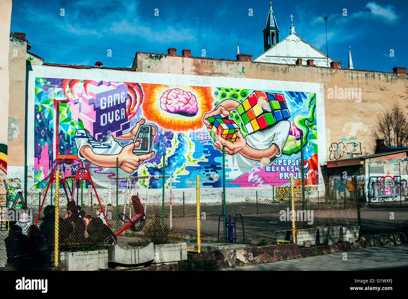 Modern street-art on the city wall space. Street graffiti composition. Cyberpunk concept Stock Photo