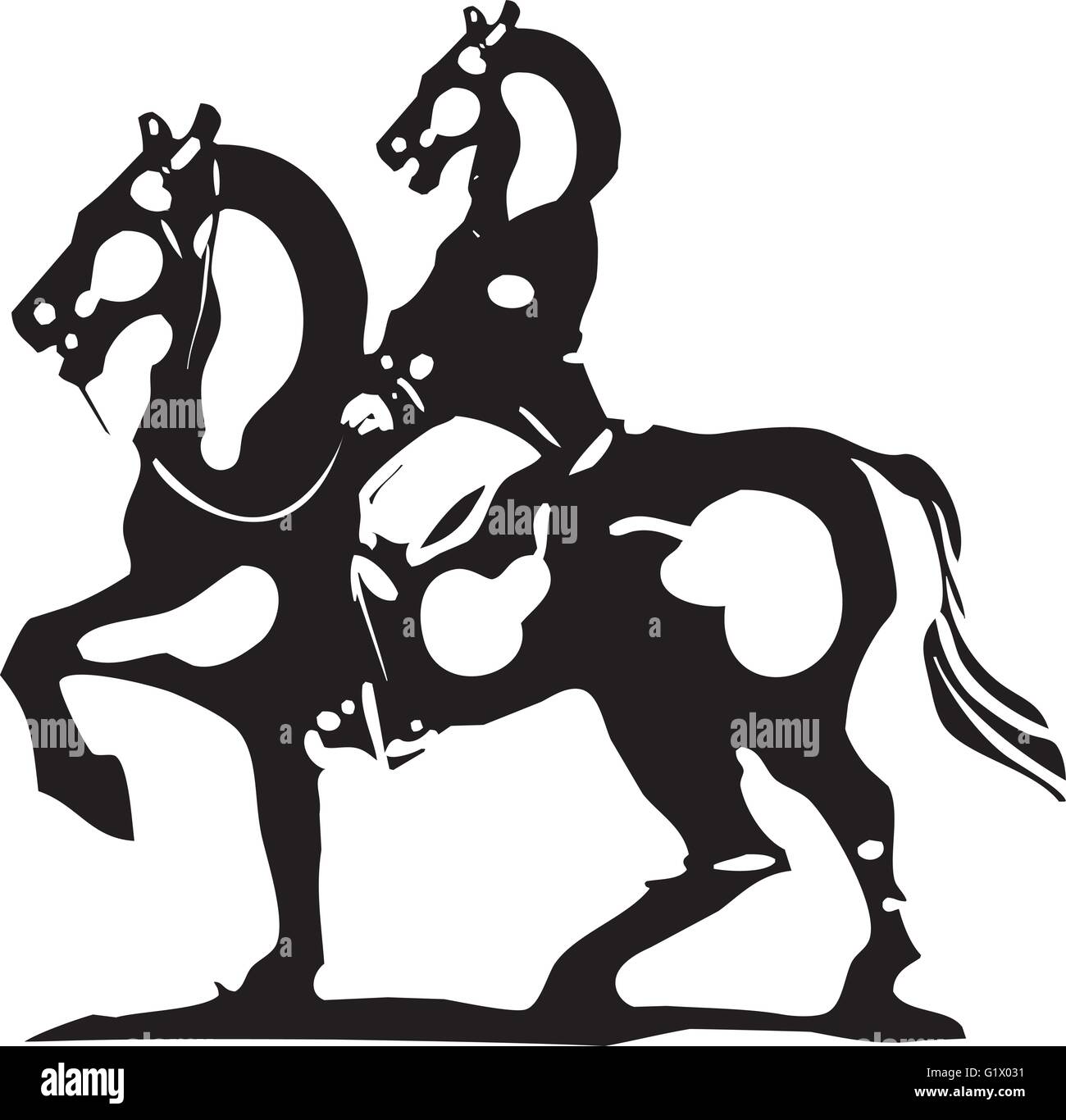 Woodcut style expressionist image of horse with a rider with a horse's head. Stock Vector