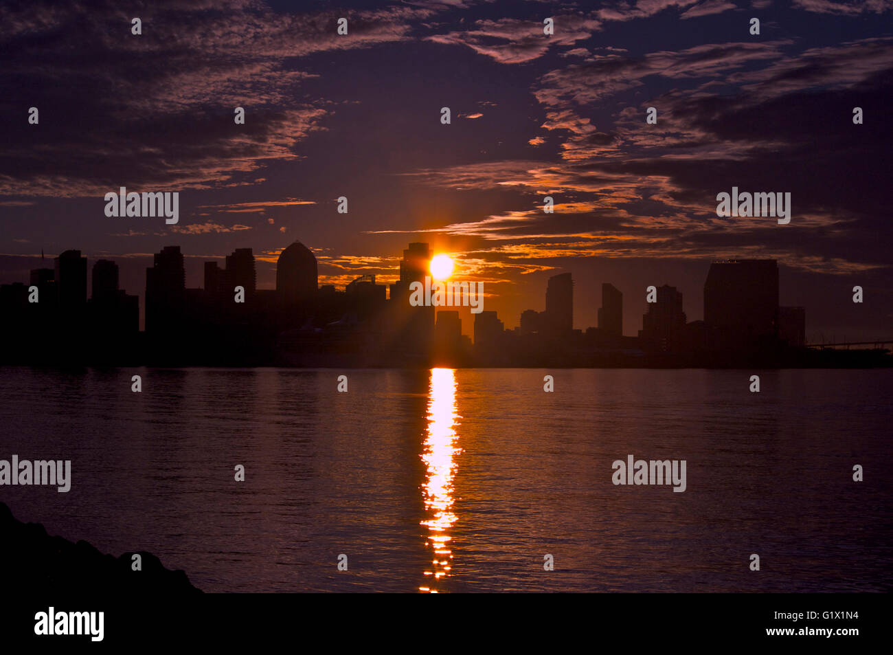 Sunrise in San Diego over Downtown, San Diego Bay Stock Photo