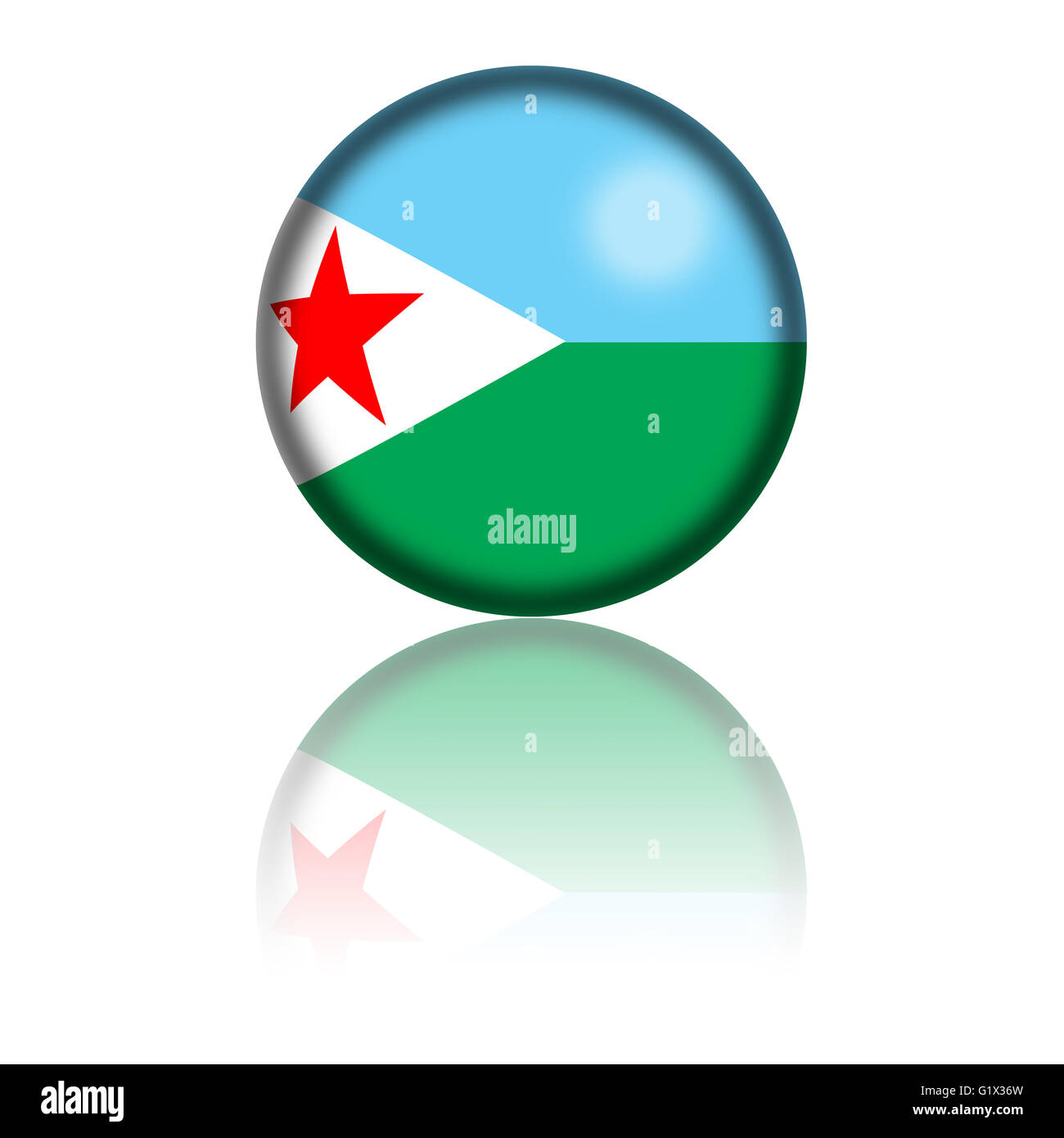 sphere of djibouti flag with reflection at bottom stock photo