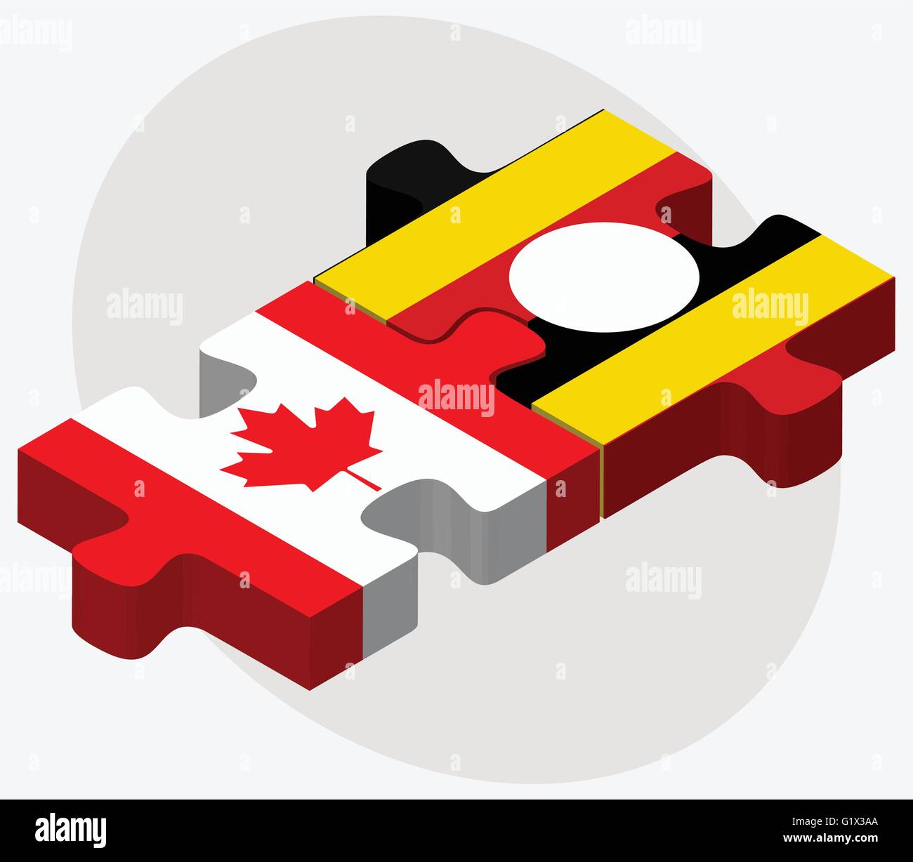 Canada and Uganda Flags in puzzle isolated on white background Stock Vector