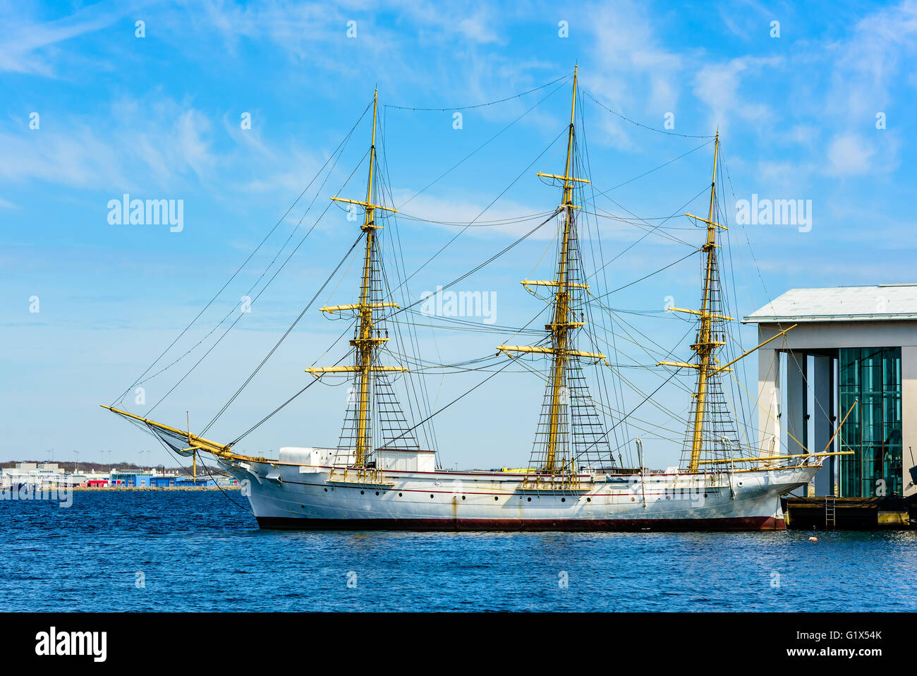 Karlskrona, Sweden - May 3, 2016: HMS Jarramas is one of the smallest fully rigged ships in the world. She is moored outside the Stock Photo