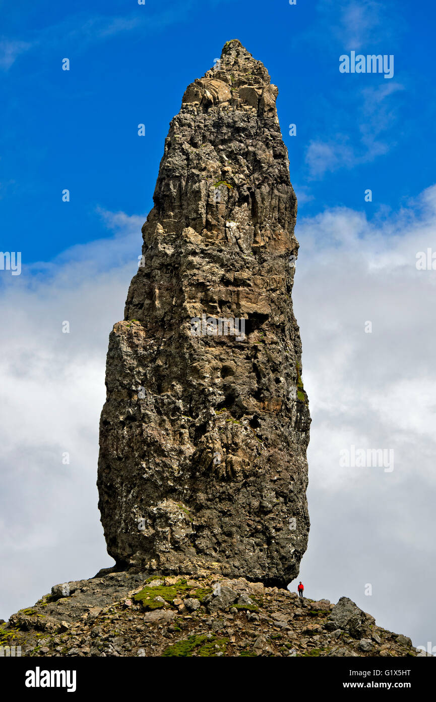 Person In Size Comparison To The Rock Pinnacle The Old Man Of Storr Stock Photo Alamy
