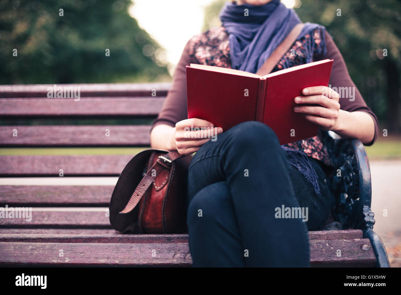 A young woman is sitting on a park bench and is reading a book Stock ...