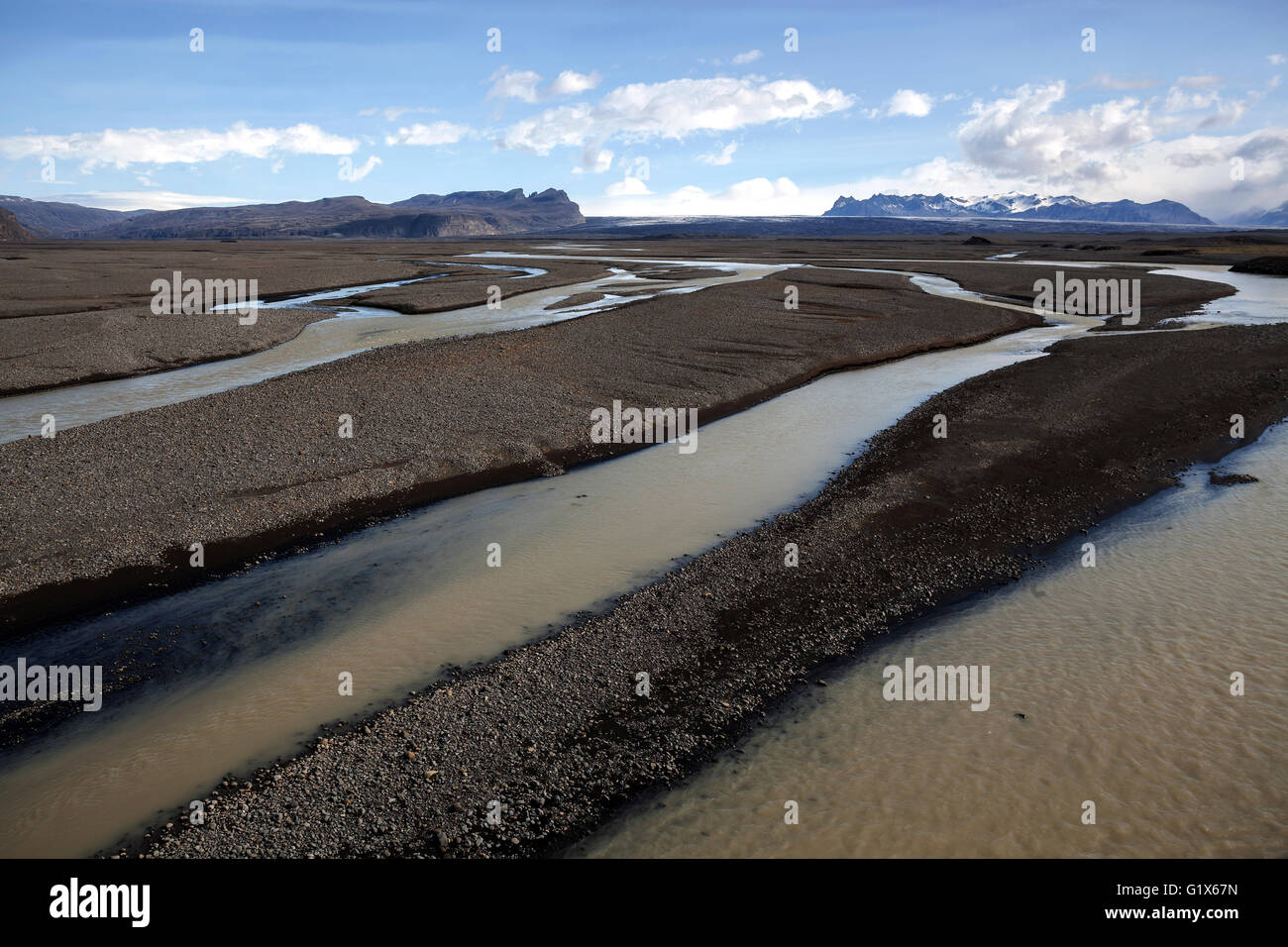 Glacial runoff permeate the volcanic sand plain Skeidararsandur, Southern Region, Iceland Stock Photo