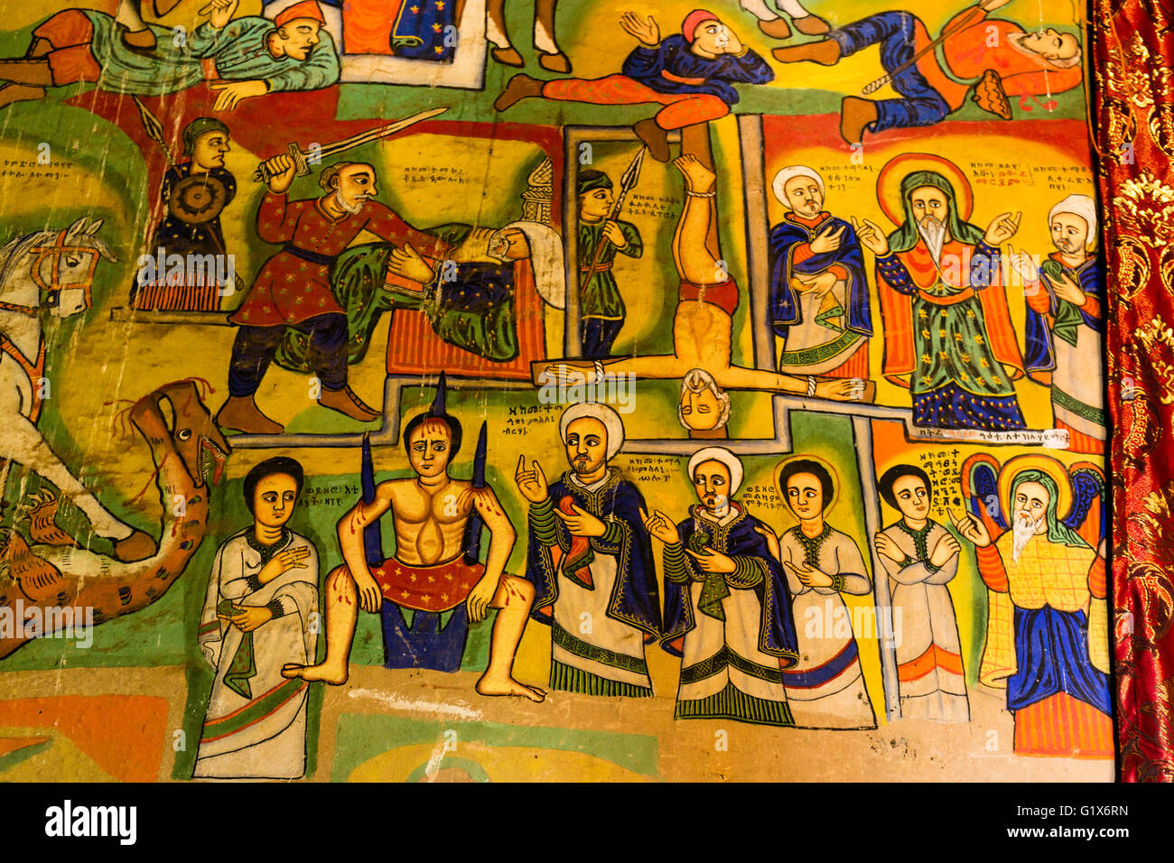Ethiopian Orthodox Wall Paintings, Betremariam Monastery, Lake Tana, Bahir Dar, Ethiopia Stock Photo