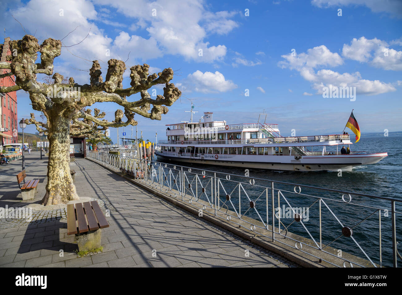 Lake Constance ship at investor, lakeside promenade, Meersburg, Baden-Wuerttemberg, Germany Stock Photo