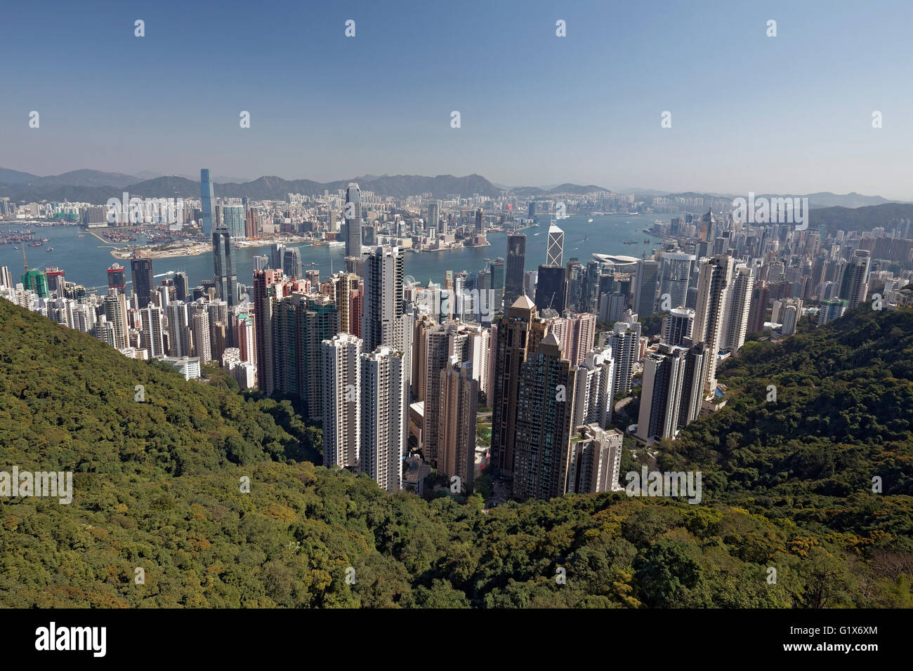 Skyscraper, skyscrapers in Central district, Victoria Harbour and Kowloon, view from The Peak, Victoria Peak, Hong Kong Island Stock Photo