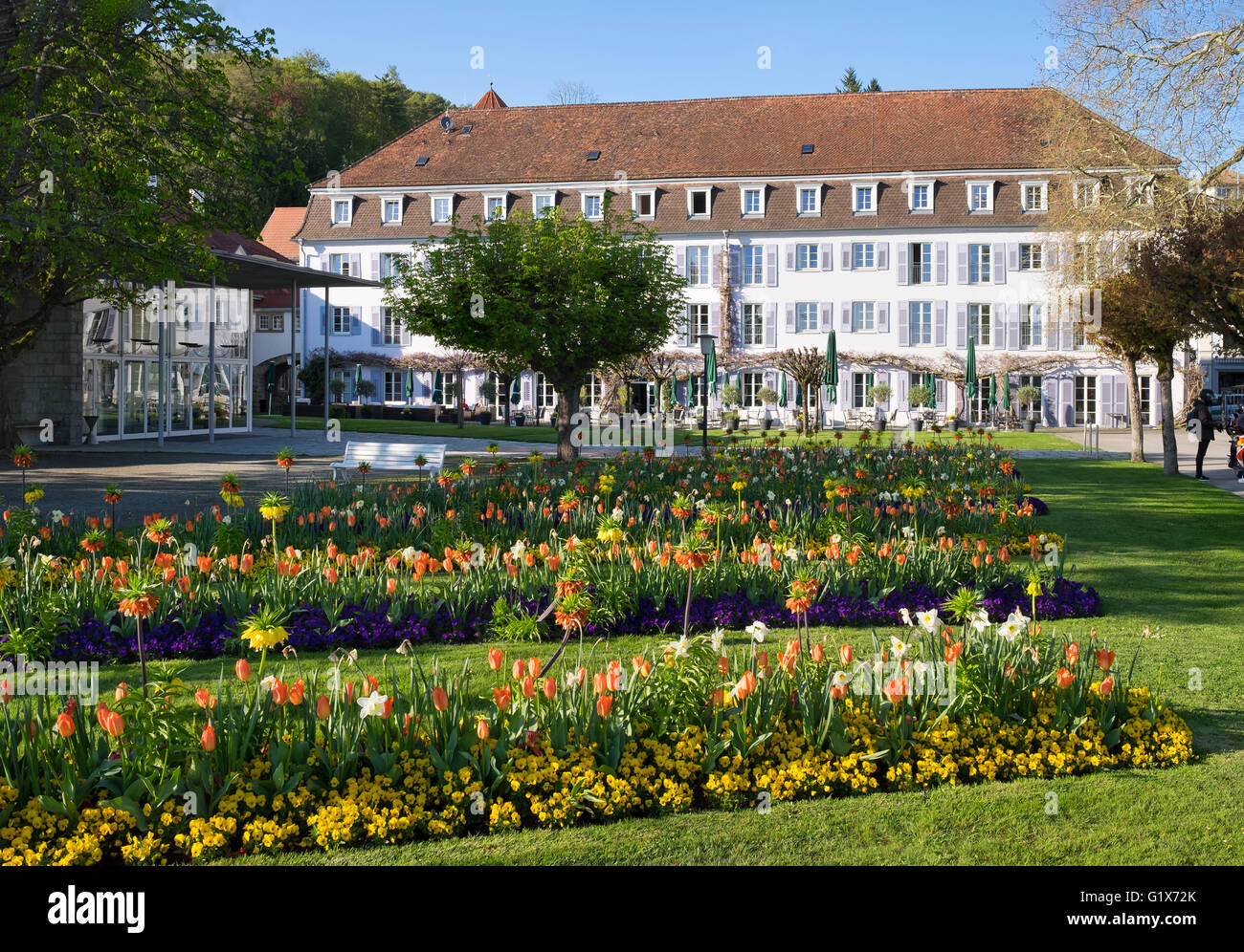 Flowerbeds in the courtyard, Bad Hotel, Überlingen at Lake Constance, Lake Constance district, Swabia, Baden-Württemberg Stock Photo