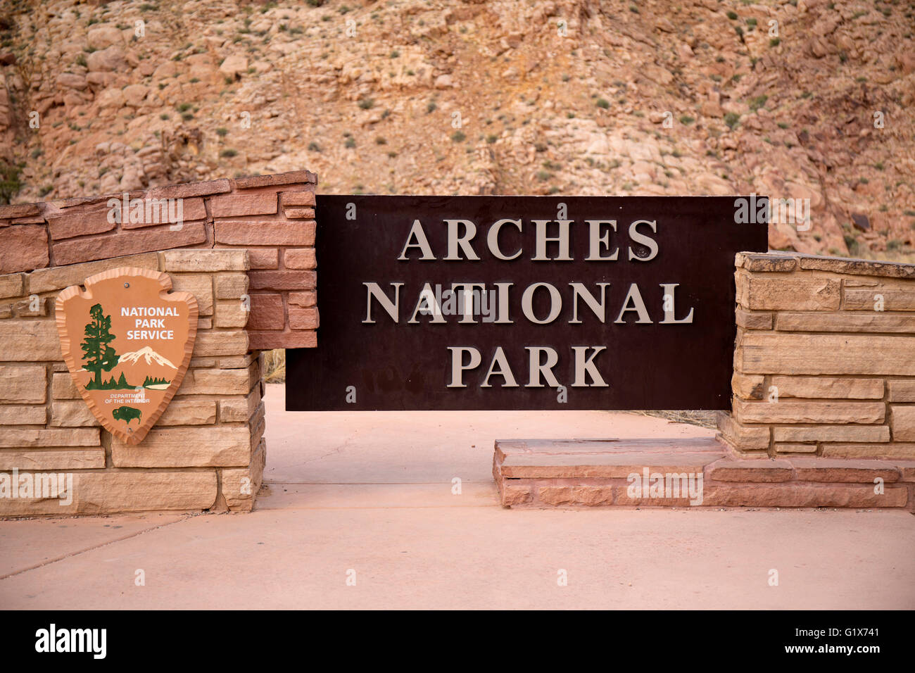 Entrance sign, Arches National Park, Colorado, USA Stock Photo