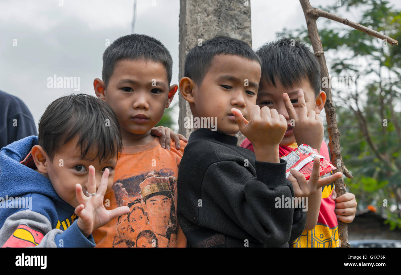Local children posing in front of camera, Luang Prabang Province, Province Louangphabang, Laos Stock Photo