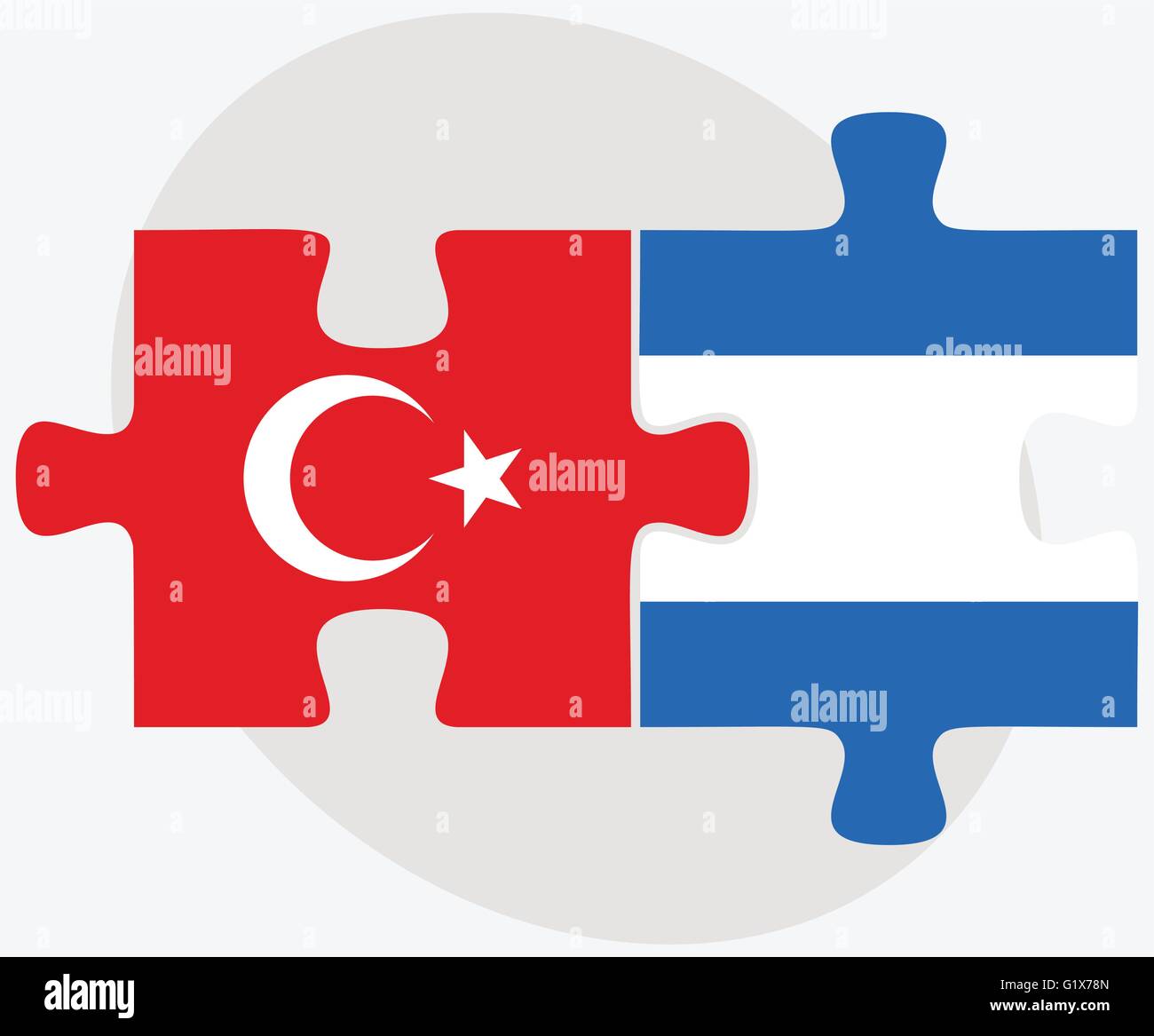 Turkey and Nicaragua Flags in puzzle isolated on white background Stock Vector