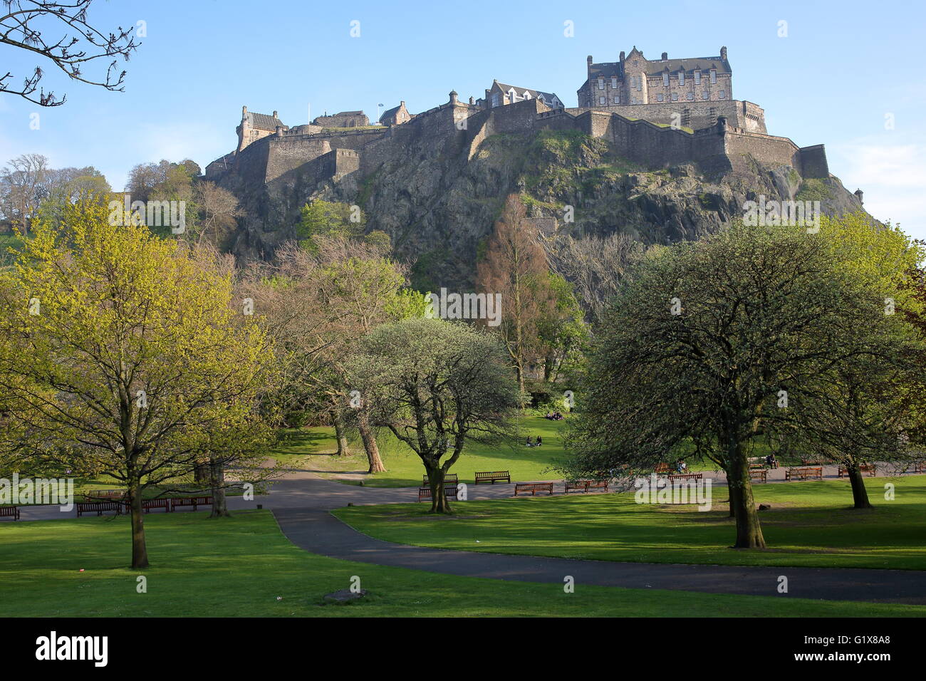 View of Edinburgh Castle and Princes Street Gardens with spring colours, Edinburgh Stock Photo