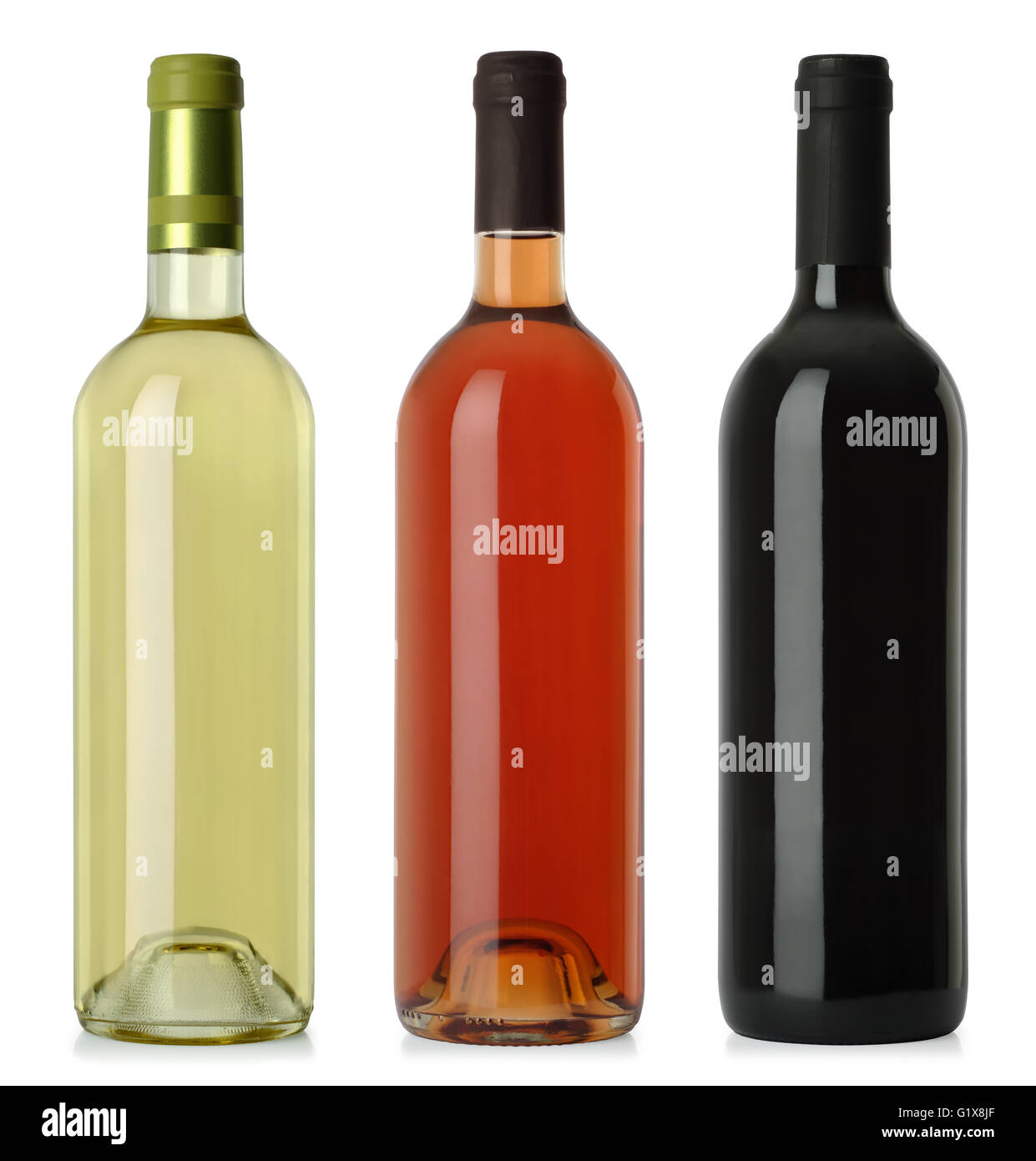 Three merged photographs of white, rose, and red wine bottles.  Separate clipping paths for each bottle included. Stock Photo