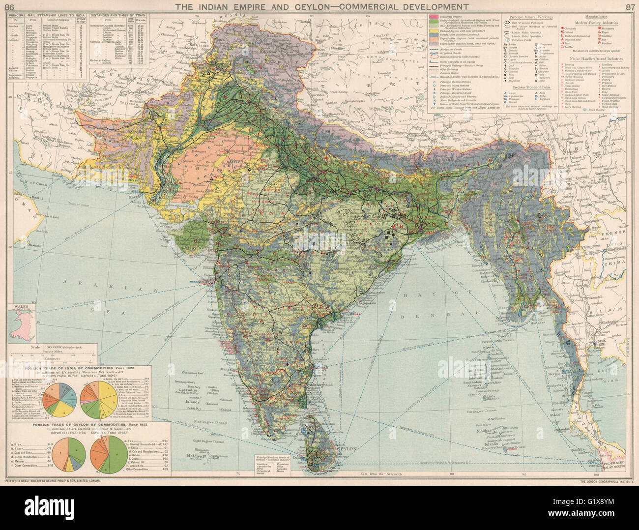 British India. Commercial Manufacturing Mining Minerals Agricultural, 1925 map Stock Photo