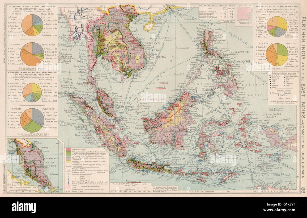 Indochina & East Indies. Commercial Mining Minerals Agricultural, 1925 old map Stock Photo
