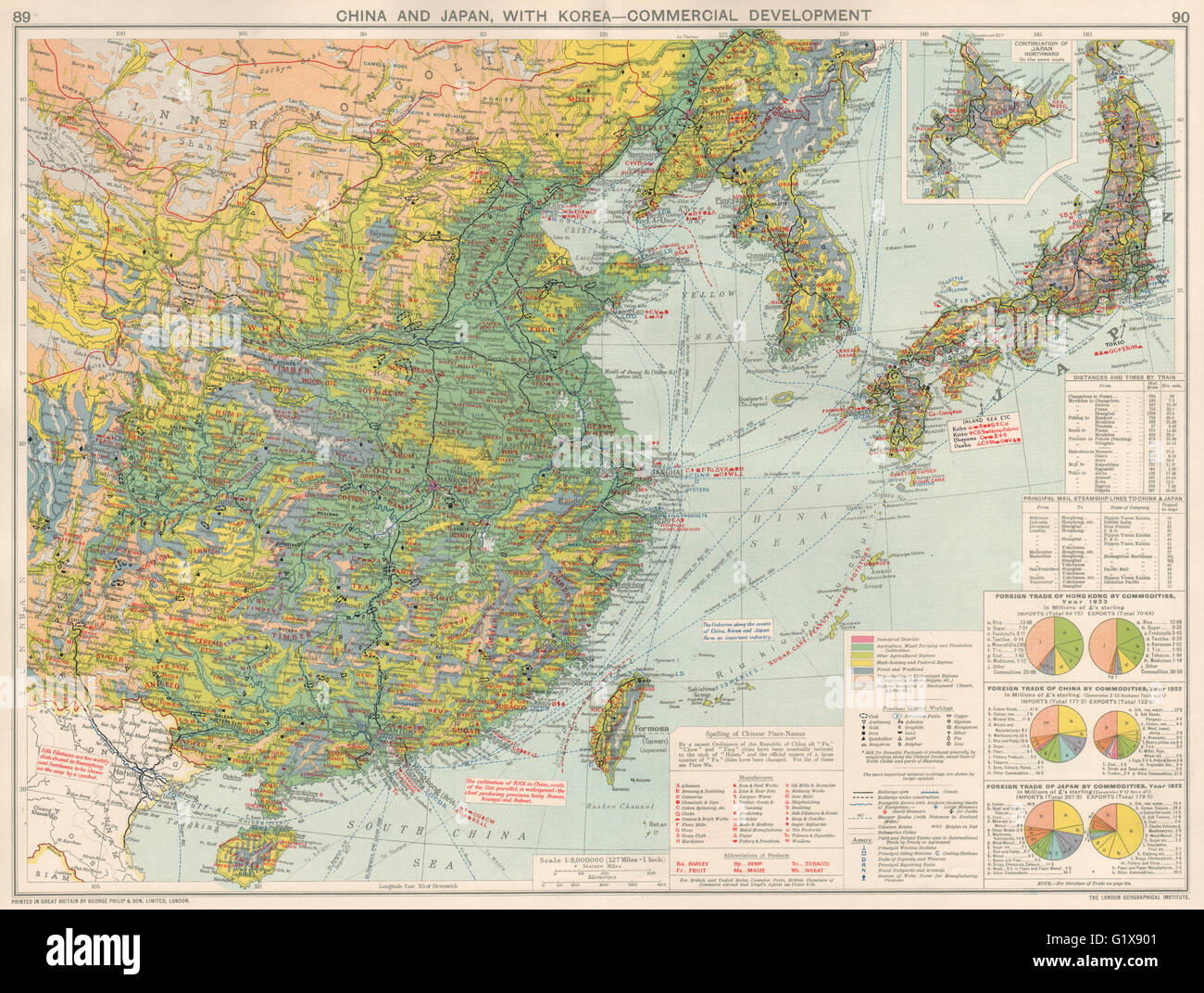 East Asia China Japan Korea. Manufacturing Minerals Mining Agricultural 1925 map Stock Photo