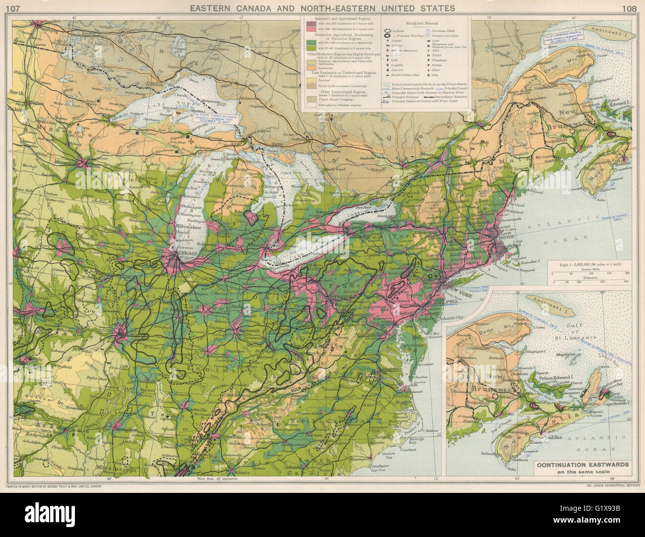 Map Of Eastern Us And Canada Eastern Canada & Ne United States. Metals & Minerals Mining. Resources,  1925 Map Stock Photo - Alamy