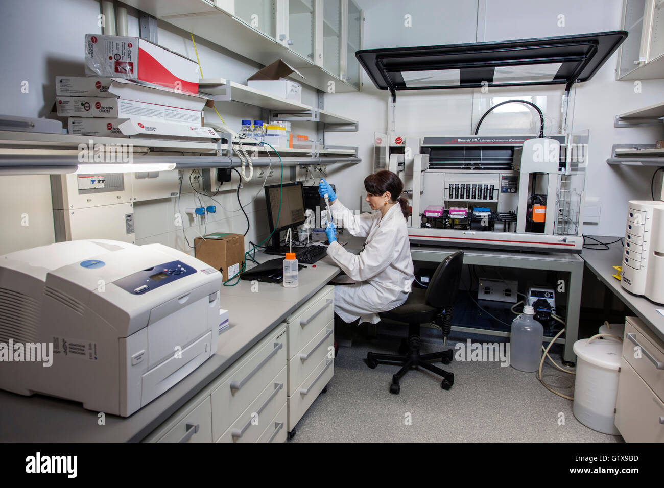 Scientific associate in genetics lab at a pipetting robot Stock Photo ...