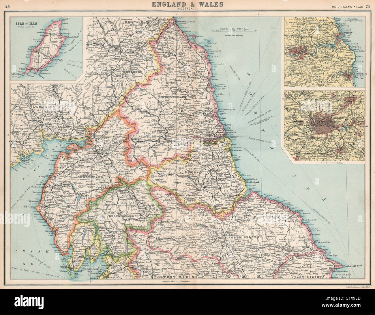 Durham Yorks Northumbs Newcastle-upon-Tyne 1920 map NORTH EAST ENGLAND COAST 