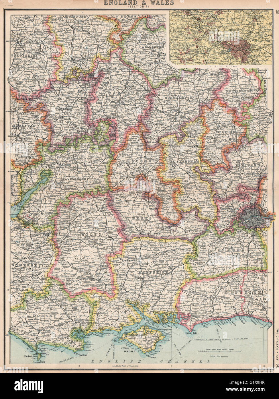 ENGLAND SOUTH. Thames Valley Midlands S Coast Cotswolds. Birmingham, 1912 map Stock Photo